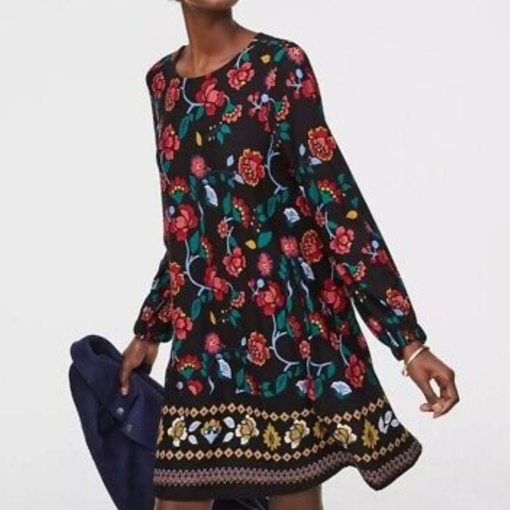 Loft Dark Floral Swing Dress Women's M Black Red Boho Cottagecore Peasant Retro